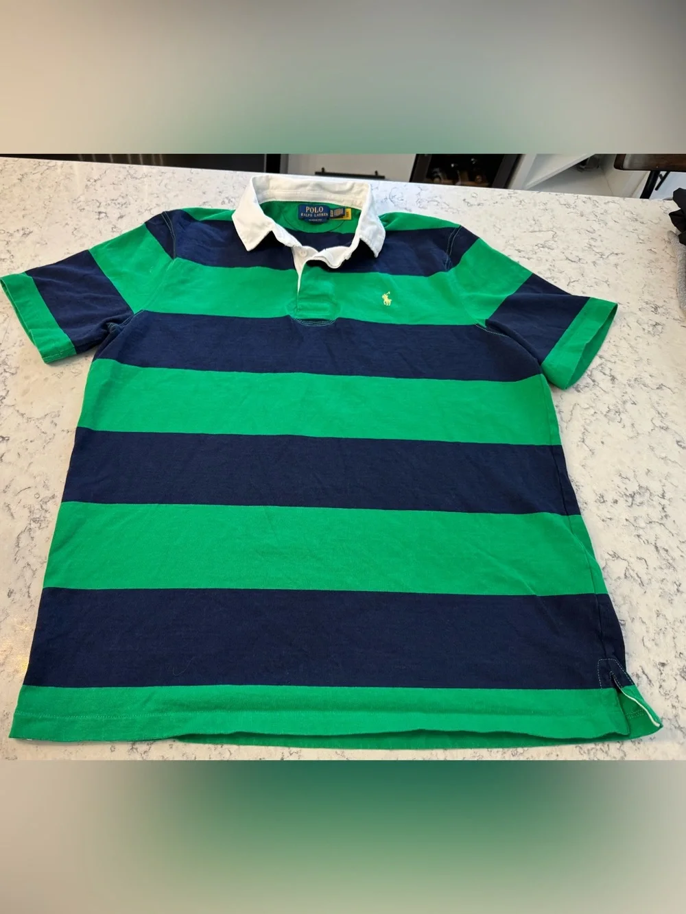 Polo by Ralph Lauren Mens XL Green & Navy Striped Rugby Polo short Sleeves